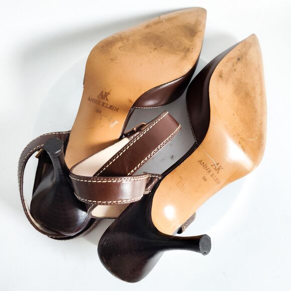 Y2K 90s Anne Klein Heels Size 9 Brown Leather Pointy Toe Ankle Strap 3" Stiletto - Picture 11 of 12